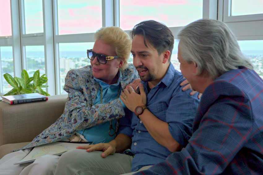 Lin Manuel Miranda and his father Luis A. Miranda, on the set of Mucho Mucho Amor: The Legend of Walter Mercado.