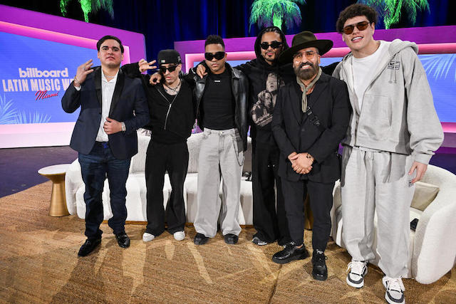 Alexis Fierro "Chachito," Albert Hype, Caleb Calloway, Alvaro Diaz, BMI's Jusus Gonzales and Arementa during BMI's "How I Wrote That Song" panel at Billboard Latin Music Week at The Fillmore in Miami Beach on Tuesday, October 15, 2024. Photo courtesy of Billboar